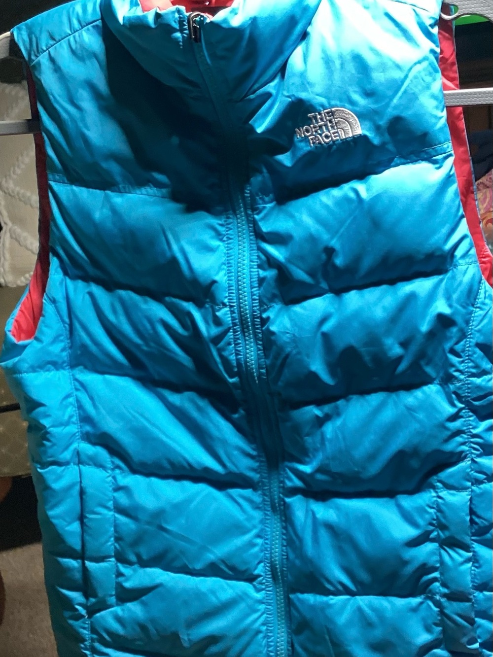 The North Face Bright Turquoise Quilted Puffer Vest with Coral Trim